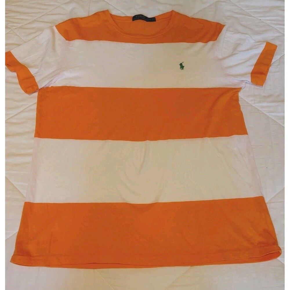 Polo Ralph Lauren Orange White Striped Crewneck T Shirt Size Large EUC